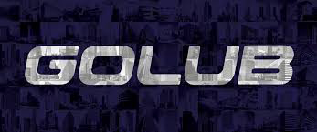 GOLUB text logo with silver cityscape texture on a dark blue mosaic background of buildings.