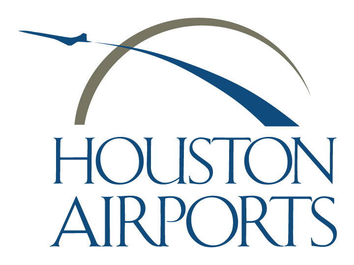 Houston Airports logo featuring a blue airplane graphic flying over curved lines.