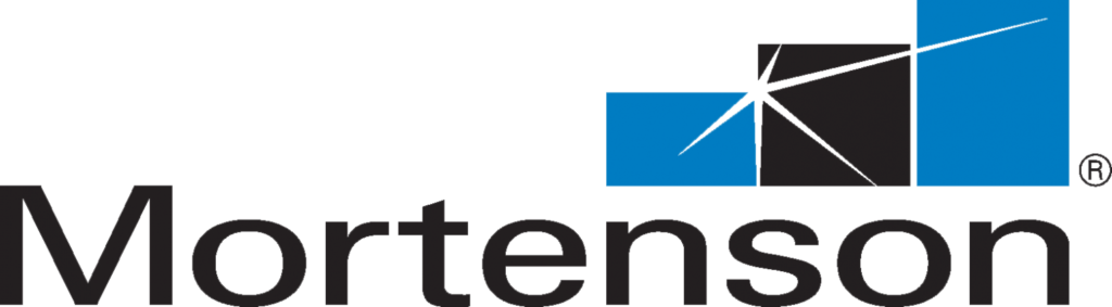 Mortenson logo with black text and an abstract graphic of blue and black ascending blocks.