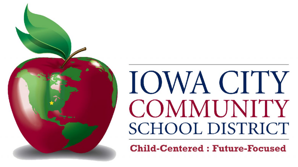 Logo for Iowa City Community School District: apple globe with Iowa star, and 'Child-Centered : Future-Focused' tagline.