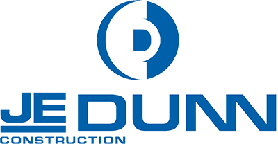 JE Dunn Construction logo, blue text with abstract circle icon.