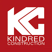 Kindred Construction company logo featuring white KC graphic and text on a red background.