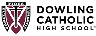 Dowling Catholic High School logo featuring a shield with a cross and words Fides, Veritas, Sapientia.