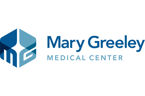 Mary Greeley Medical Center logo with blue hexagonal MG icon