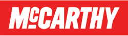 MCCARTHY logo in bold white text on a solid red background.