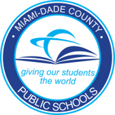 Logo for Miami-Dade County Public Schools featuring an open book and the tagline "giving our students the world".