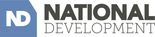 Logo for National Development. Features 'ND' initials in a blue shape next to the words 'NATIONAL DEVELOPMENT'.