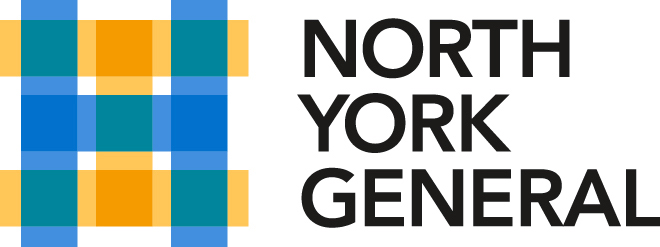 North York General logo featuring blue and orange plaid pattern and stacked black text.