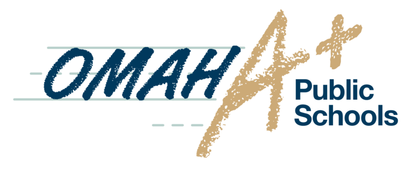 Logo for OMAH A+ Public Schools with 'OMAH' on handwriting lines and a large textured 'A+'