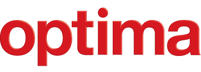 Optima logo in bold red lowercase text