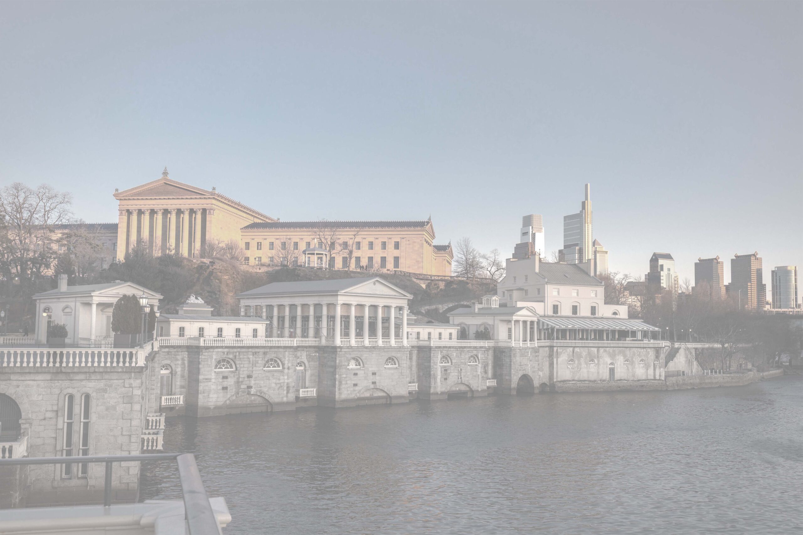 Philadelphia Museum of Art, Fairmount Water Works, and city skyline along the Schuylkill River.