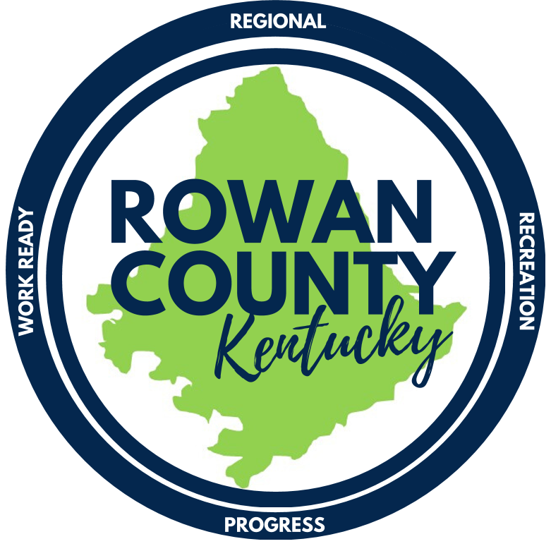 Rowan County Kentucky logo with green map outline. Features Work Ready, Regional, Recreation, Progress text.