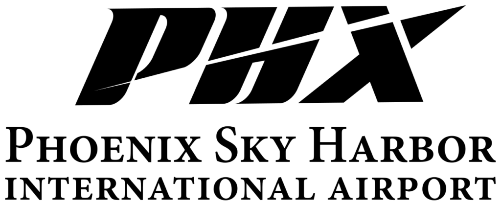Phoenix Sky Harbor International Airport (PHX) black logo with stylized text.