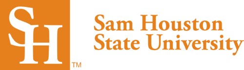 Sam Houston State University logo featuring white SH initials on an orange square and orange text.