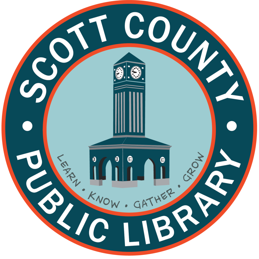 Scott County Public Library logo featuring a clock tower and the words Learn, Know, Gather, Grow.
