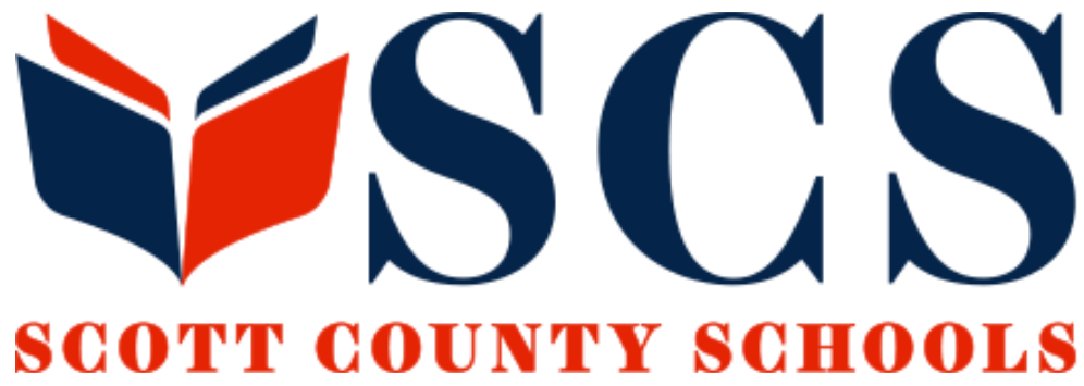 Scott County Schools (SCS) logo featuring an open book icon.