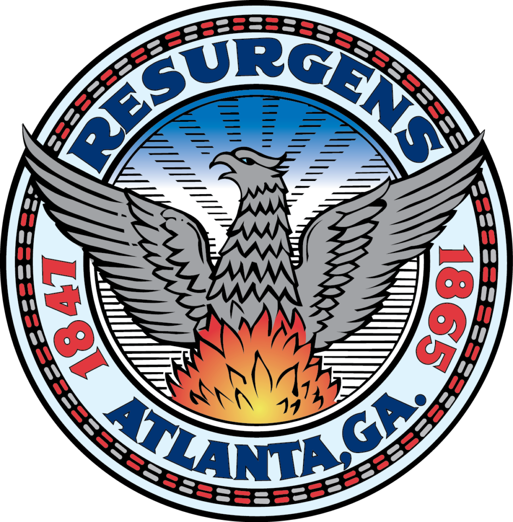 Atlanta, GA city seal: A phoenix rises from flames. Text 'Resurgens,' dates 1847 & 1865.