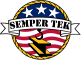 Semper Tek logo: US flag, 'SEMPER TEK' banner, crane hook lifting yellow steel beams.