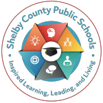 Shelby County Public Schools logo featuring a graduation cap, educational icons, and slogan 'Inspired Learning, Leading, and Living'.
