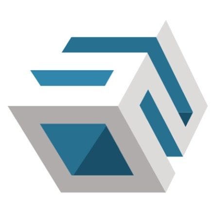 Abstract geometric logo with interlocking blue and gray 3D shapes, suggesting movement and structure.