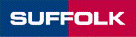 SUFFOLK logo with white text on a split blue and red background.