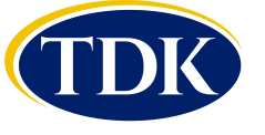 Official TDK logo with white 'TDK' text on a blue oval framed by a yellow swoosh.