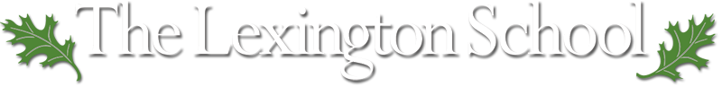 The Lexington School logo, featuring white text and two green oak leaves.