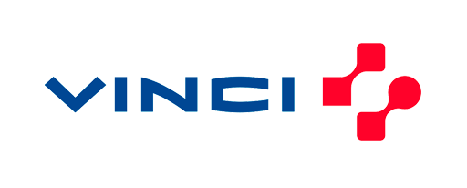 VINCI logo with blue text and a red abstract symbol.