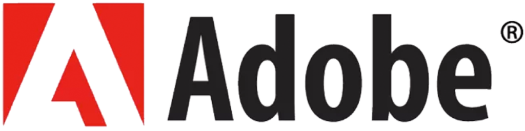 Official Adobe logo featuring a red triangular 'A' symbol and black 'Adobe' text with a registered trademark.