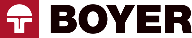 Boyer logo: a white stylized symbol on a red square, next to the dark red text 'BOYER'.