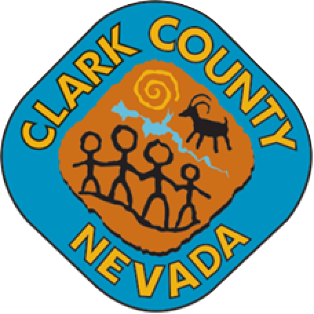 Official logo for Clark County Nevada with petroglyph-style art: people, bighorn sheep, sun.