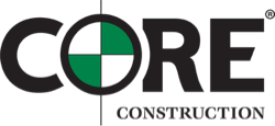 CORE CONSTRUCTION logo with dark gray text. The 'O' is a green and white quadrant-divided circle.