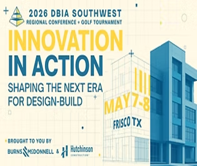 DBIA Southwest 2026 conference banner: 'Innovation in Action' for Design-Build, May 7-8, Frisco TX.
