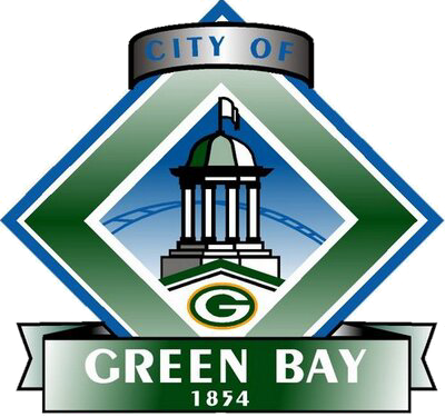 Official seal for the City of Green Bay, featuring a domed building, 'G' emblem, and founding year 1854.