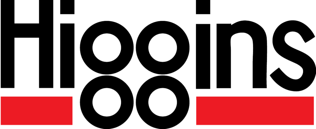 Higgins company logo featuring black bold text and two red horizontal bars.