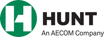 Hunt logo, an AECOM Company, featuring a white stylized H in a green circle.