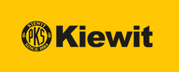 Kiewit logo with a circular emblem featuring 'PKS Since 1884' and 'Kiewit' text on a yellow background.