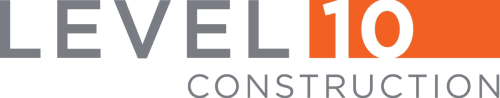 Level 10 Construction logo. Gray 'LEVEL' and 'CONSTRUCTION' text with a white '10' on an orange background.