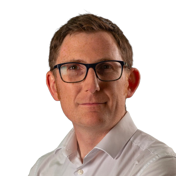 Headshot of a man with brown hair and glasses, wearing a white collared shirt.