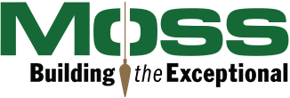Moss Building the Exceptional logo with green text and a plumb bob replacing the 'O'.