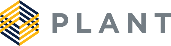 PLANT logo with geometric yellow and blue interlocking cube design.