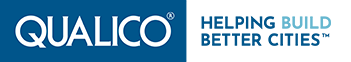 Qualico logo on a blue background and the slogan 'Helping Build Better Cities' on a black background.