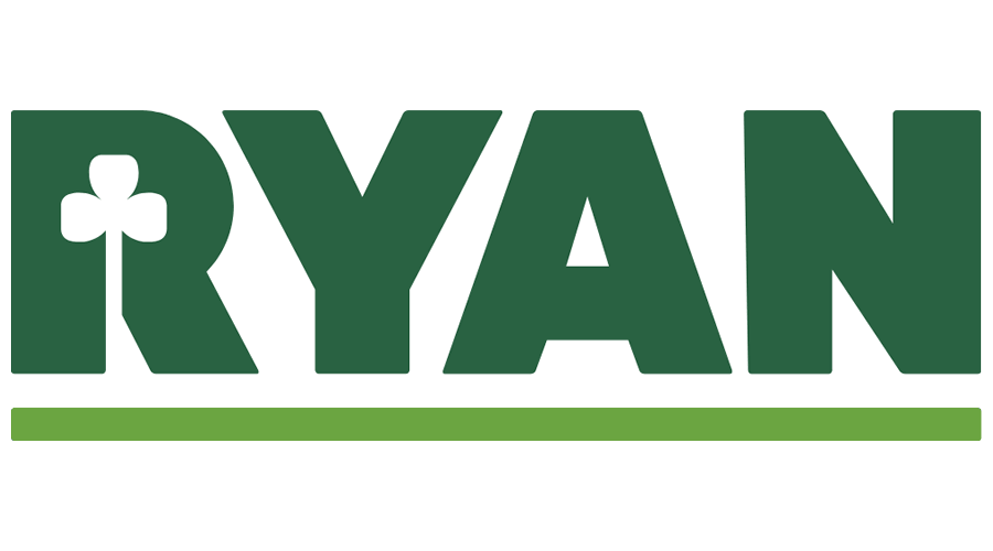 Dark green RYAN logo with a four-leaf clover inside the 'R', and a lighter green bar underneath.