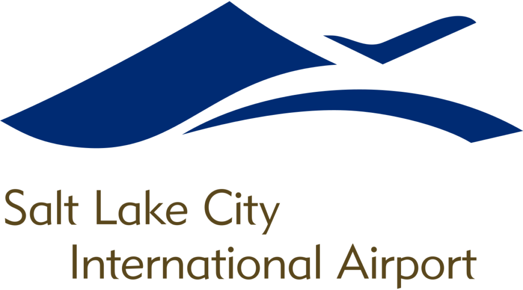 Salt Lake City International Airport logo featuring blue abstract mountain and airplane graphic with text below.