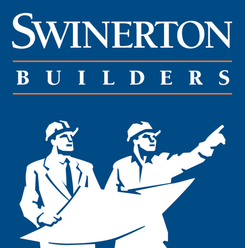 Swinerton Builders logo with two construction workers in hard hats holding blueprints on a blue background.