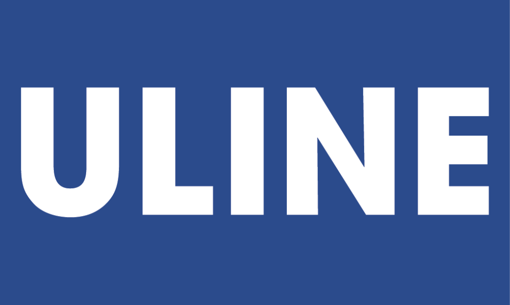 ULINE logo in white text on a blue background.