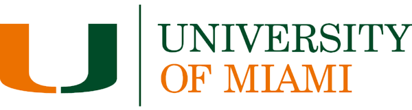 University of Miami logo: orange and green 'U' symbol, with 'UNIVERSITY' in green and 'OF MIAMI' in orange.