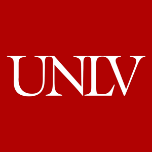 UNLV logo in white serif font on a red background.
