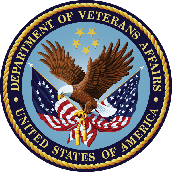 U.S. Department of Veterans Affairs seal with an eagle, two American flags, and five stars.