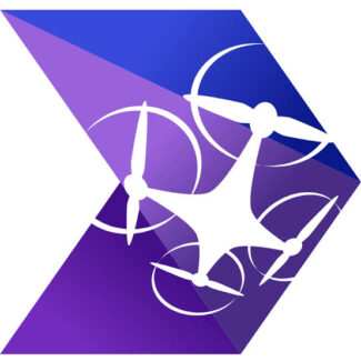 Abstract purple geometric logo featuring a white quadcopter drone silhouette with four propellers.